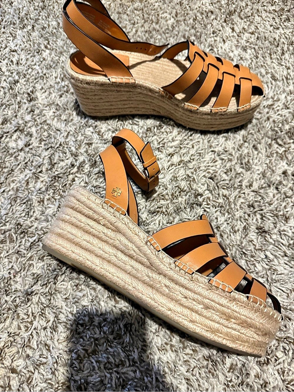 Tory Burch Ines Espadrille Wedge Leather Sandals in Brown & Beige. Sz 8m